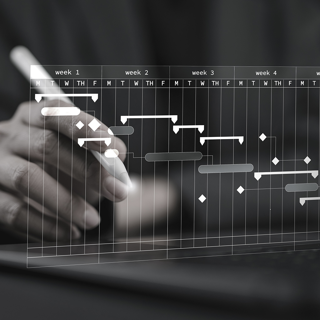 Mani che lavorano ad un GANTT di progetto su superficie touch di un computer